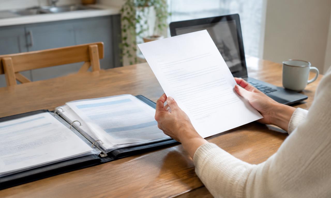 A homeowner reviewing a property insurance denial letter and policy at a kitchen table in Florida