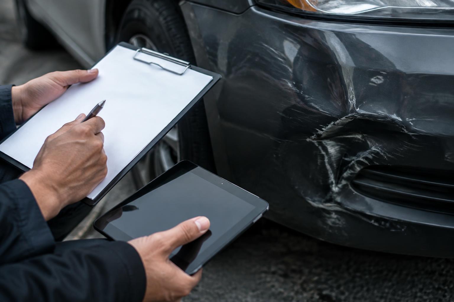 An appraiser inspecting vehicle damage as part of a property damage claim