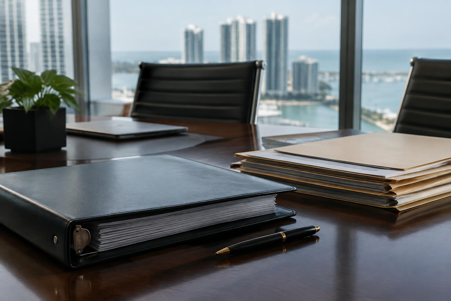 Contract binder and case files on a conference table in a Miami office overlooking Biscayne Bay
