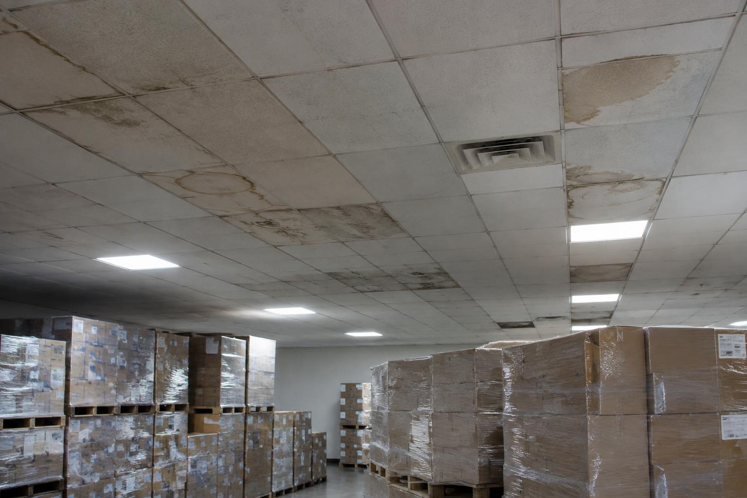 Water-stained ceiling tiles inside a Florida warehouse affected by a commercial property claim
