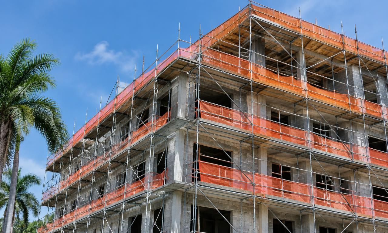 Scaffolding and safety barriers on a Florida construction site where injuries can occur