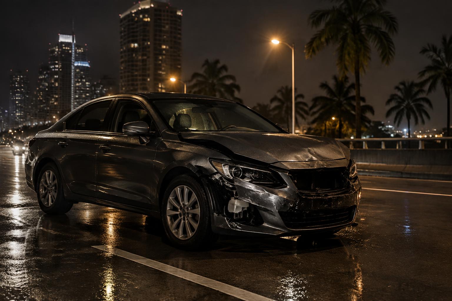Damaged vehicle on a Miami roadway at night following a drunk driving accident