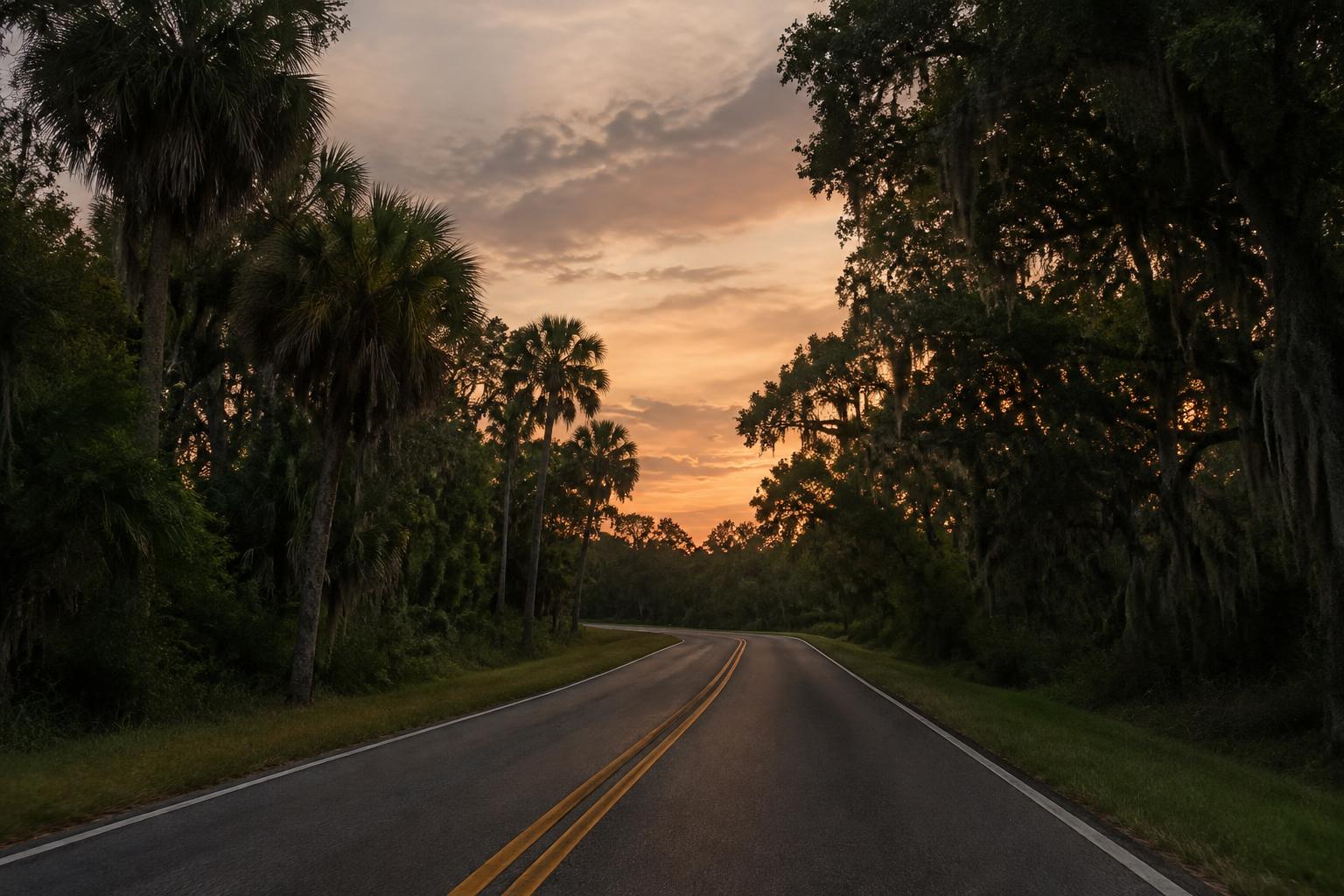 A quiet Florida roadway representing the setting of a fatal vehicle accident claim