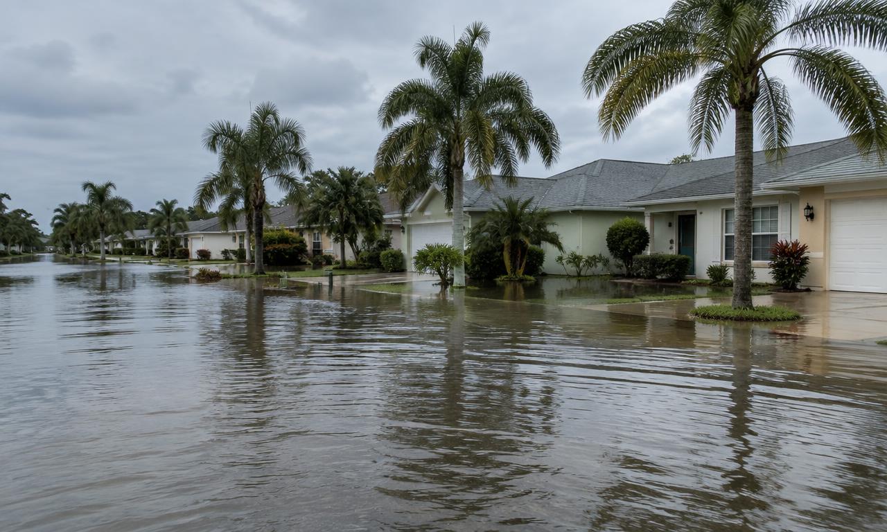 Floodwater along a residential street in Florida after heavy rain, the type of loss covered by a flood damage claim