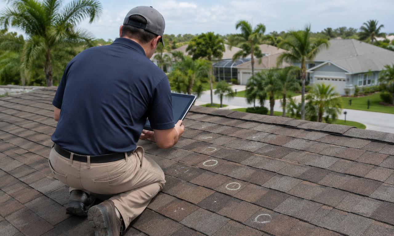 An inspector examining a Florida roof for hail damage during an insurance claim