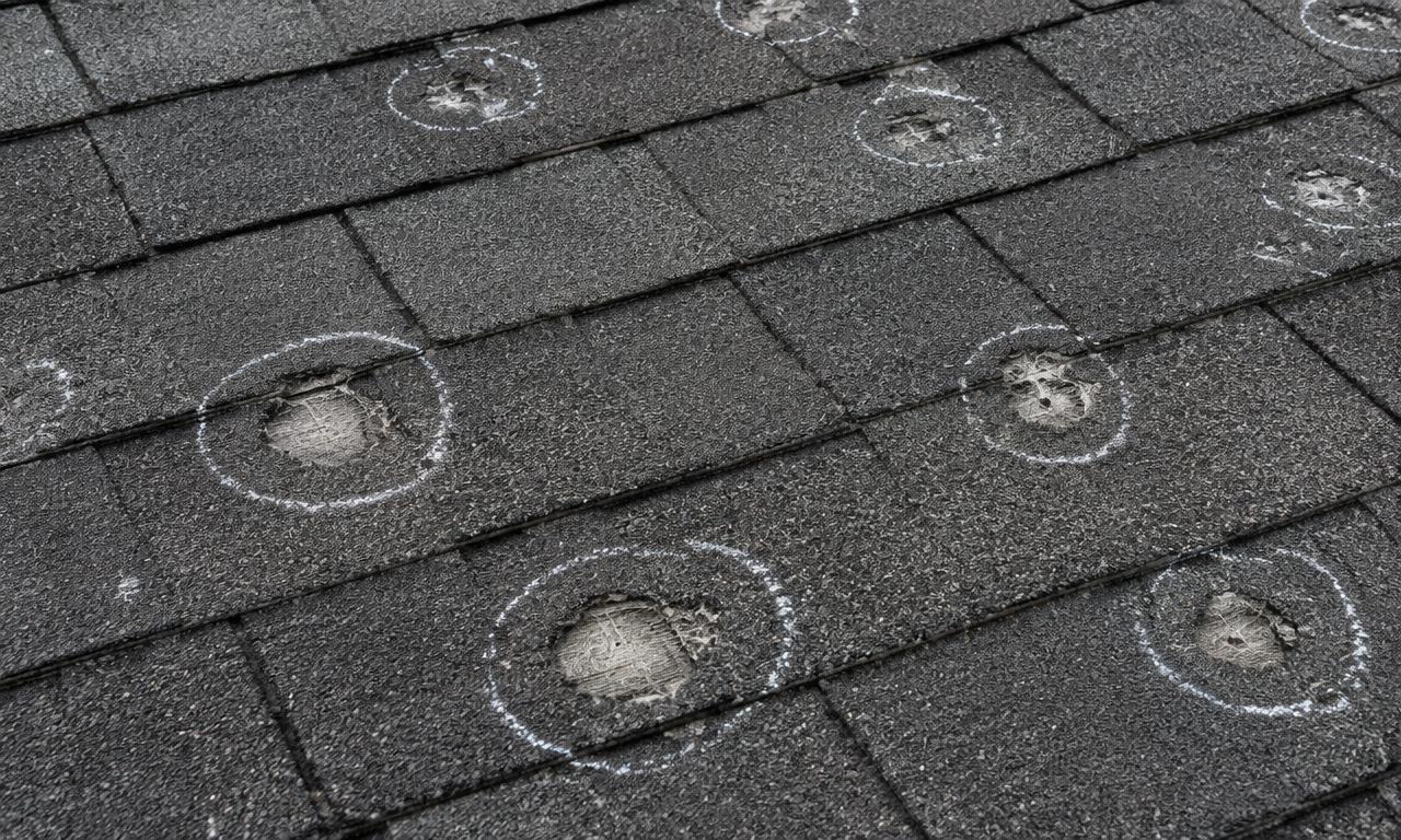 Close view of hail impact marks on asphalt roof shingles on a Florida home