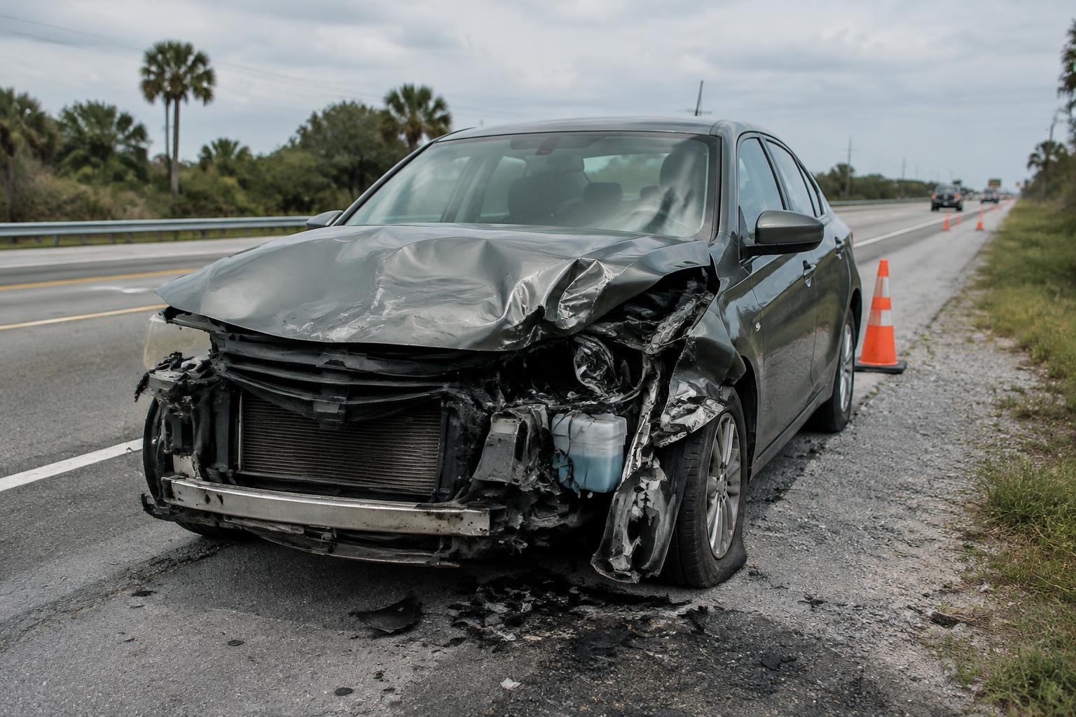 Wrecked vehicle on a Florida roadway following a head-on collision