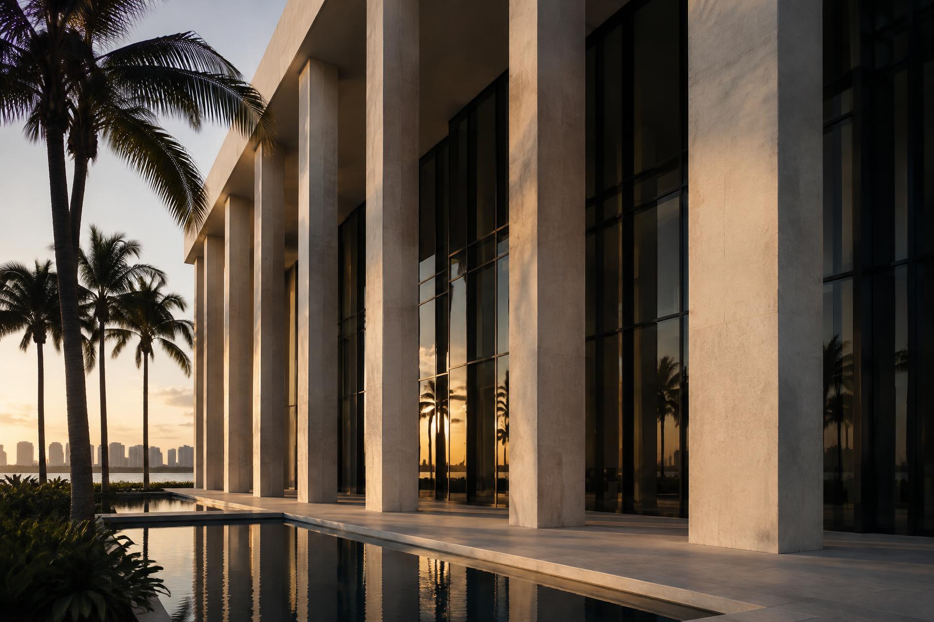 Architectural facade of a Miami building at dusk