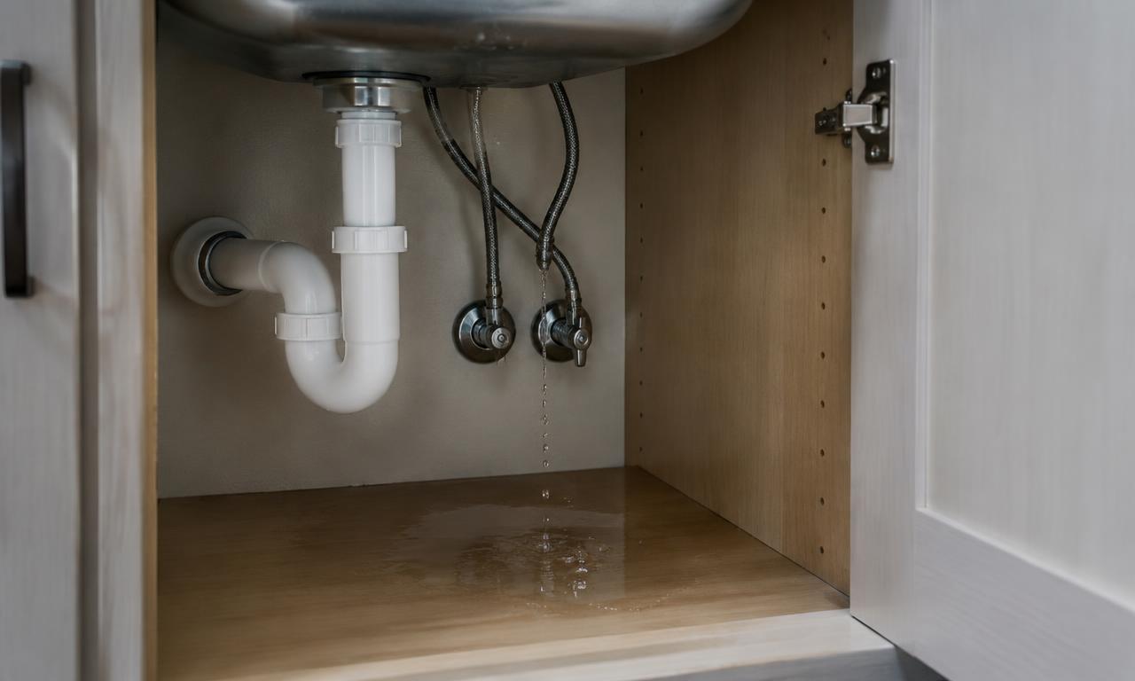 A leaking pipe under a kitchen sink in a Florida home, the start of a plumbing leak insurance claim