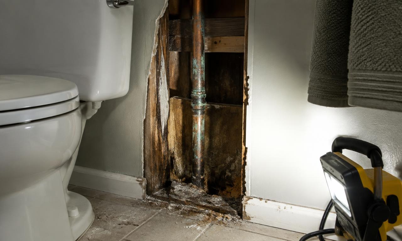 An opened bathroom wall exposing a failed pipe during a plumbing leak claim inspection in Florida