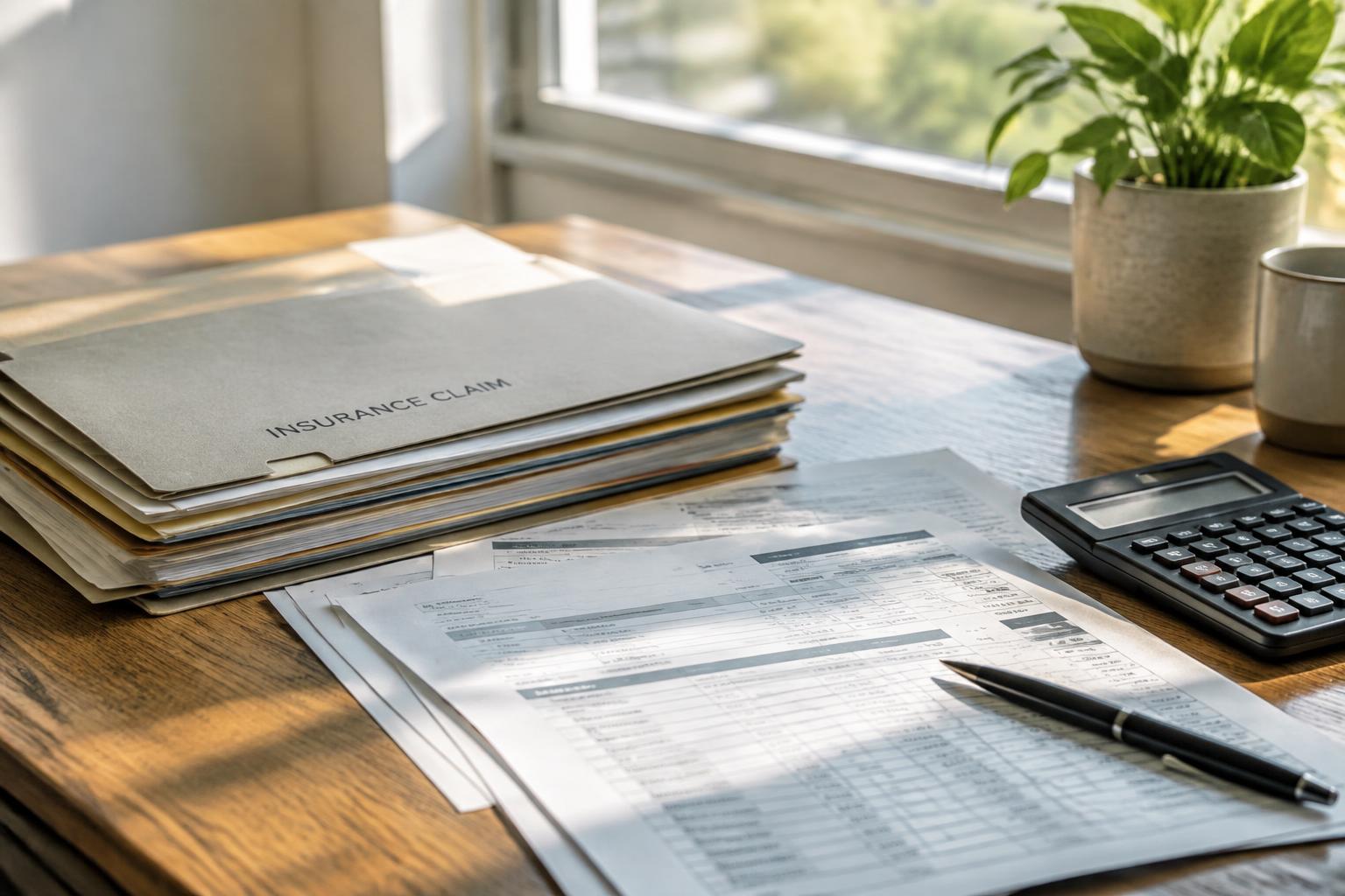 Insurance claim paperwork and a calculator on a desk illustrating a property damage dispute