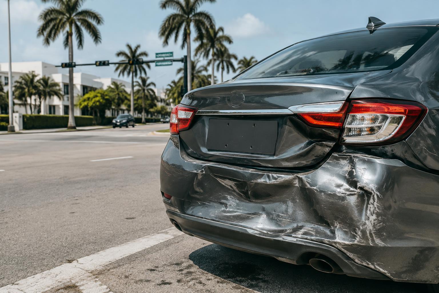 Rear bumper damage from a rear-end collision at a Miami intersection