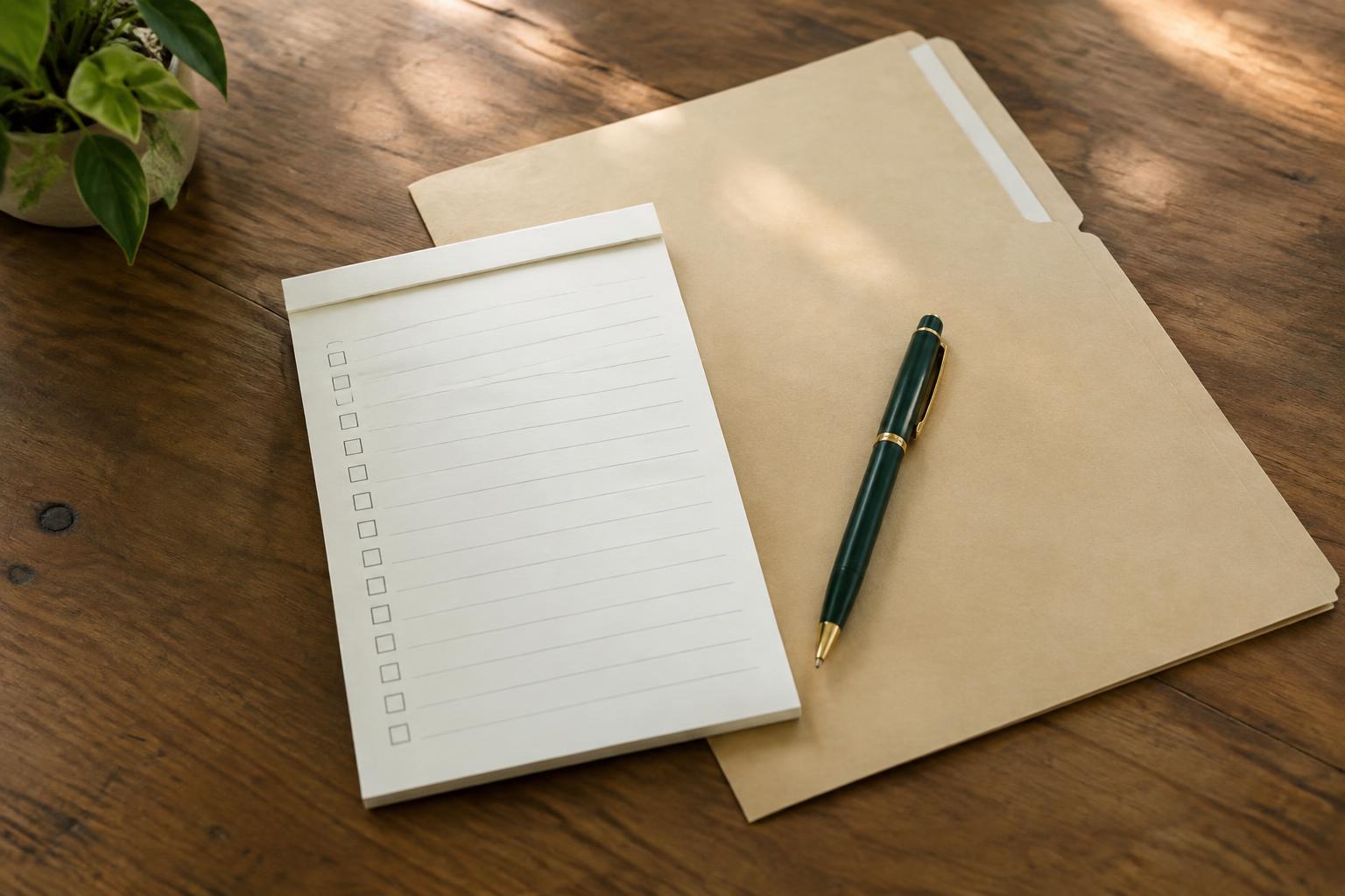 A blank preparation checklist with empty checkboxes resting on a folder beside a pen on a wooden desk