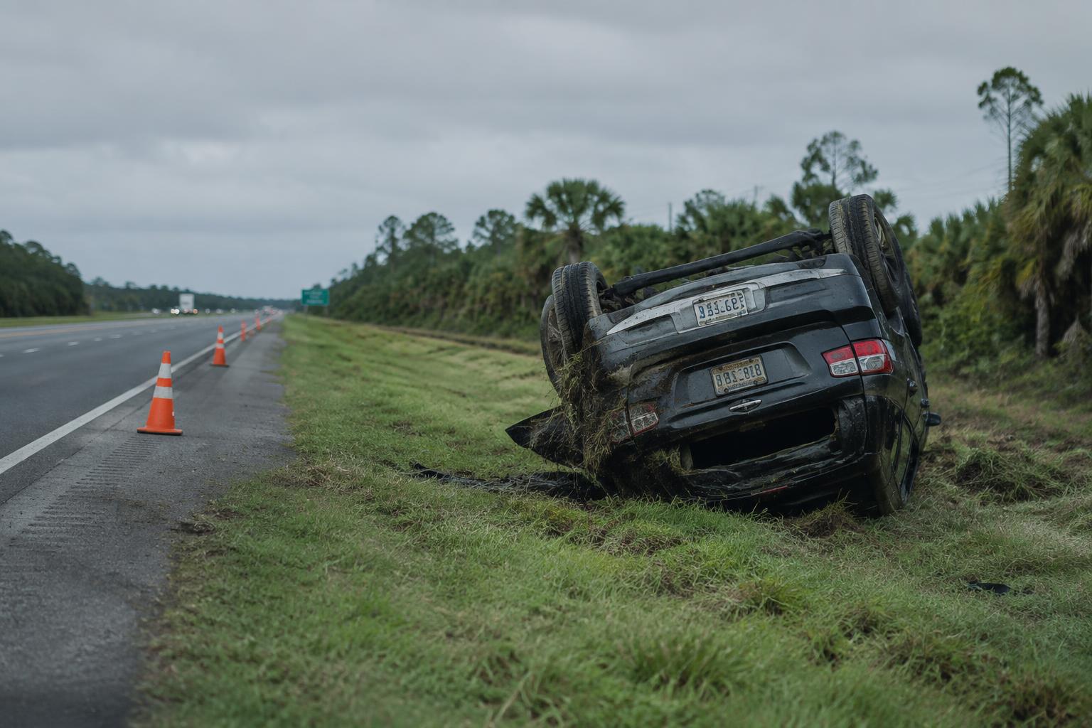 Overturned vehicle on a Florida highway shoulder after a rollover accident