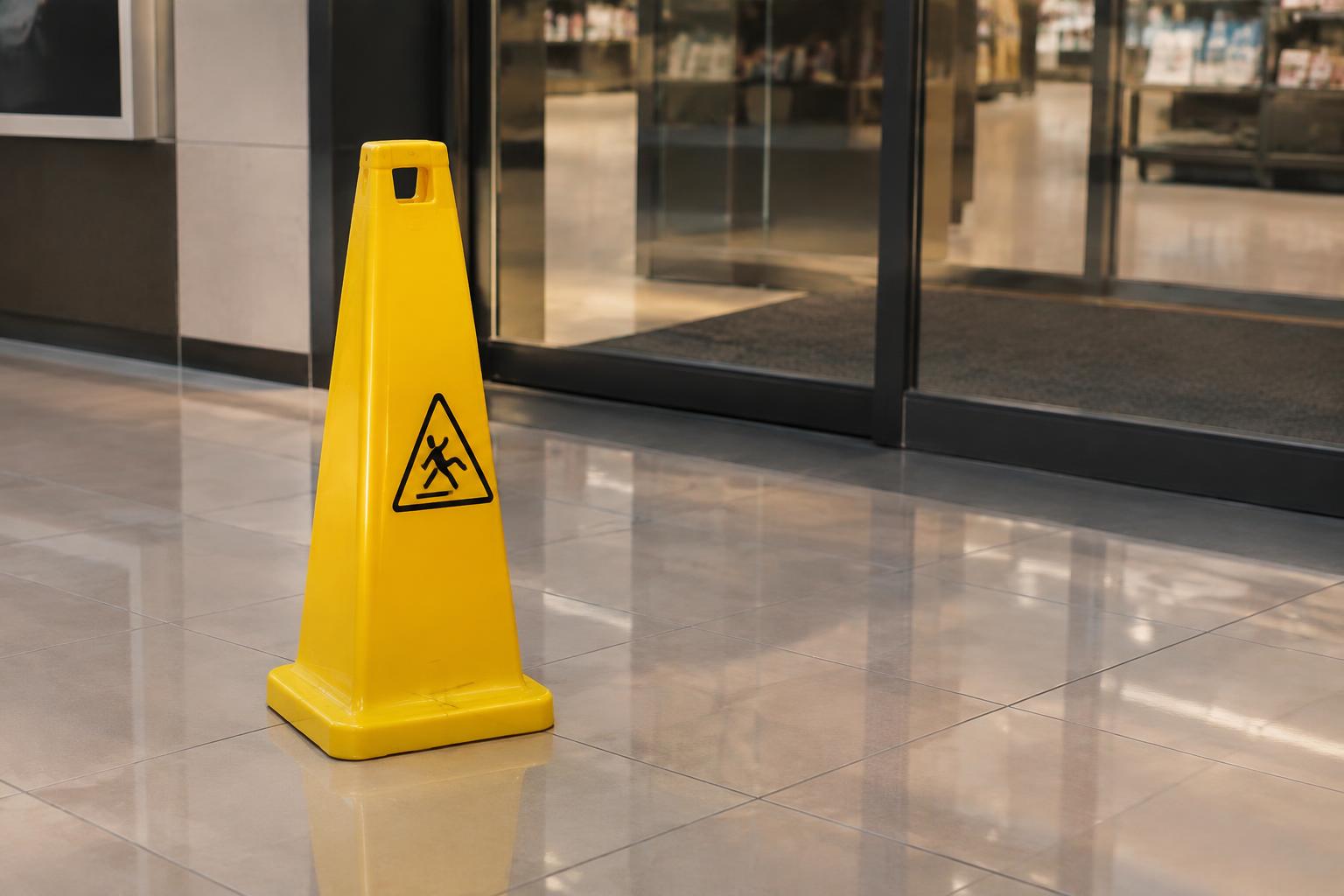 A wet floor warning sign stands near a store entrance after a slip and fall accident.