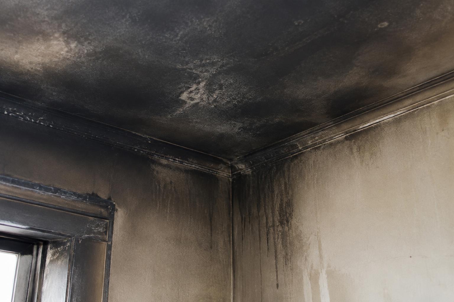 Soot residue coating a Florida living room ceiling after a smoke damage event