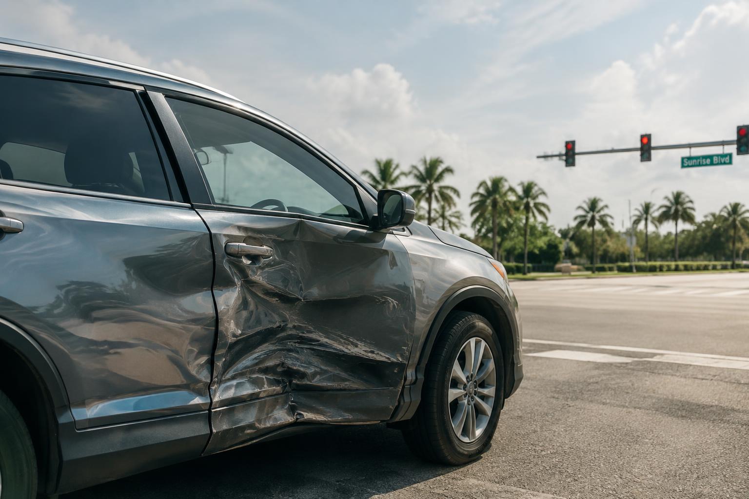 Damaged vehicle side panel at a Miami intersection after a T-bone accident