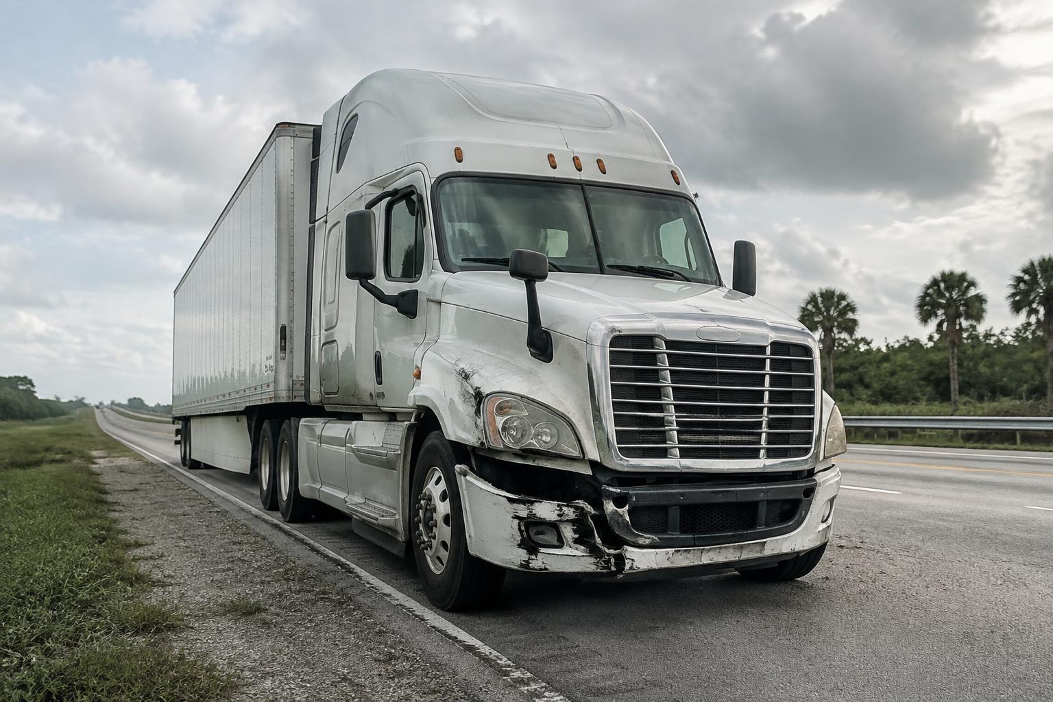Commercial truck involved in an accident on a Miami highway with damage visible
