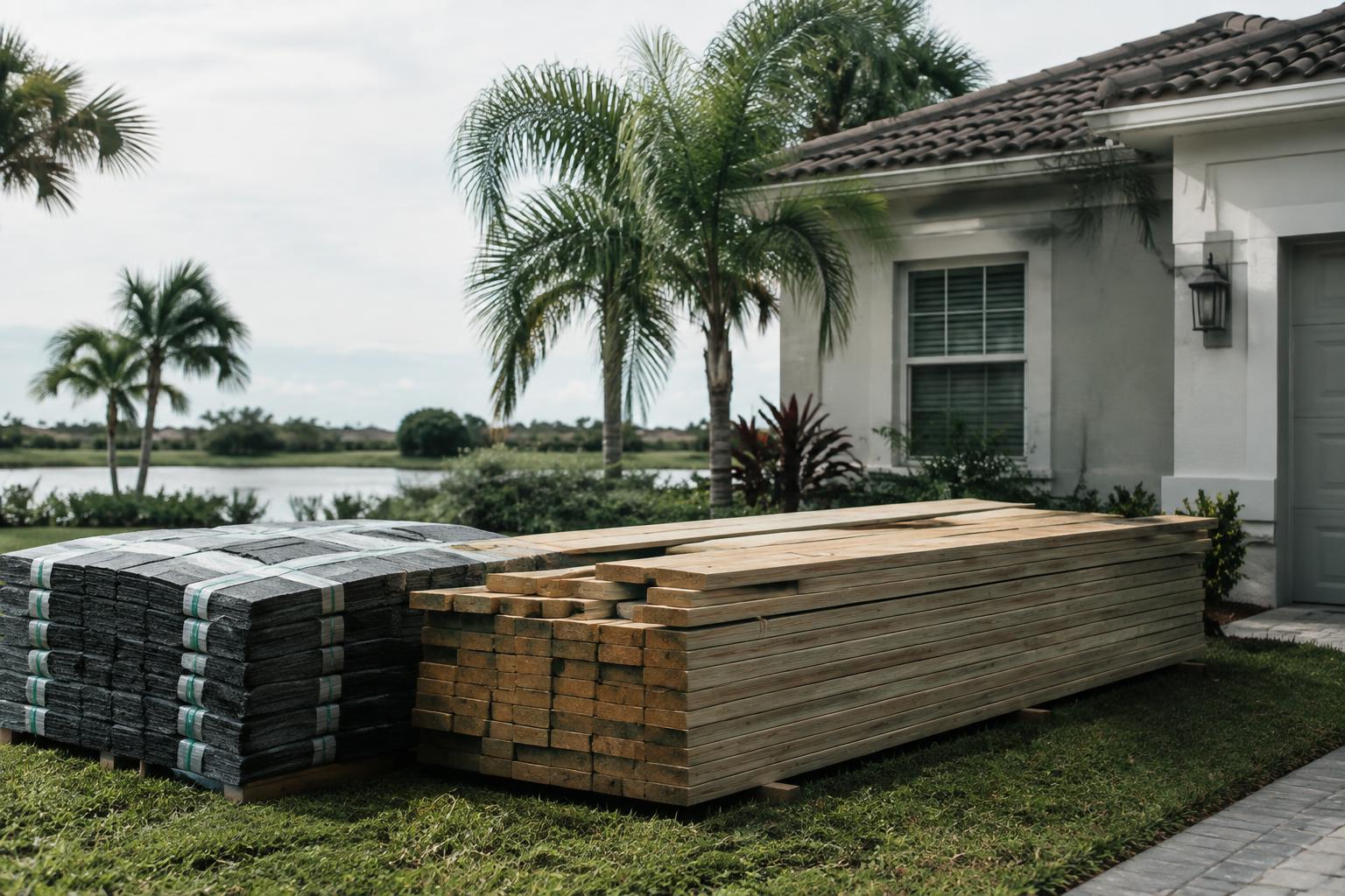 Stacked repair materials outside a Florida home awaiting work tied to an underpaid claim