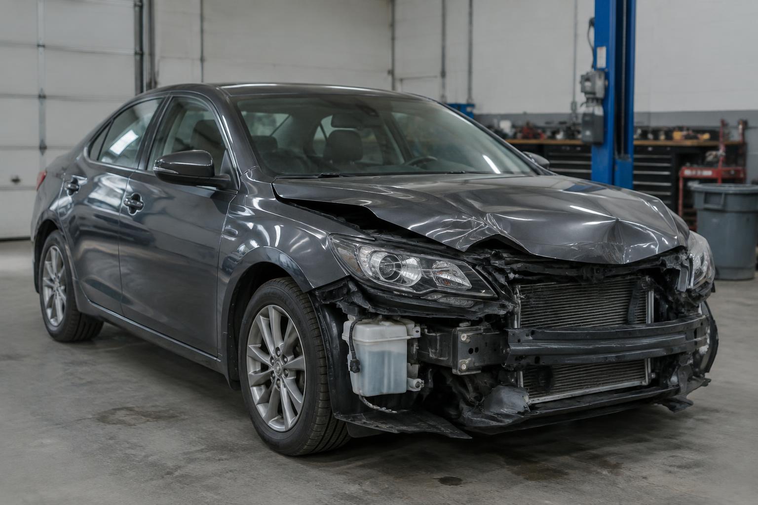 A damaged vehicle at a repair shop representing a property damage insurance claim