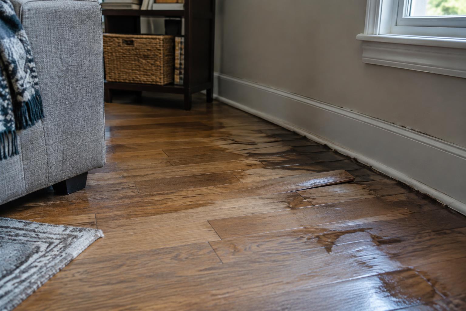 Water-damaged flooring and baseboards in a Florida home following a plumbing leak